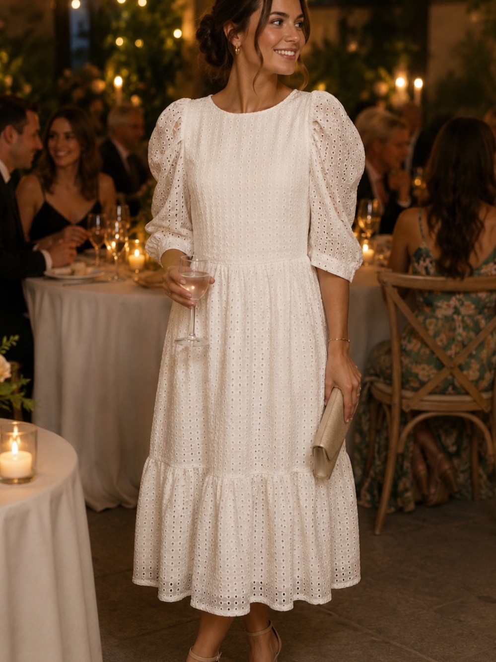 a new day Ivory Eyelet Midi Dress Puff Sleeve Size XS cotton